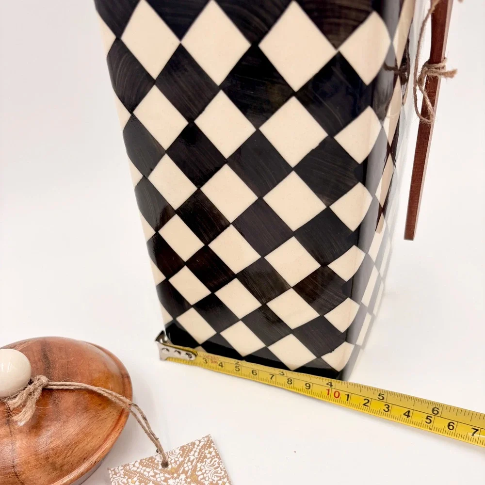 Hand Painted Black White Checkered Ceramic Canister with Wood Lid and Spoon